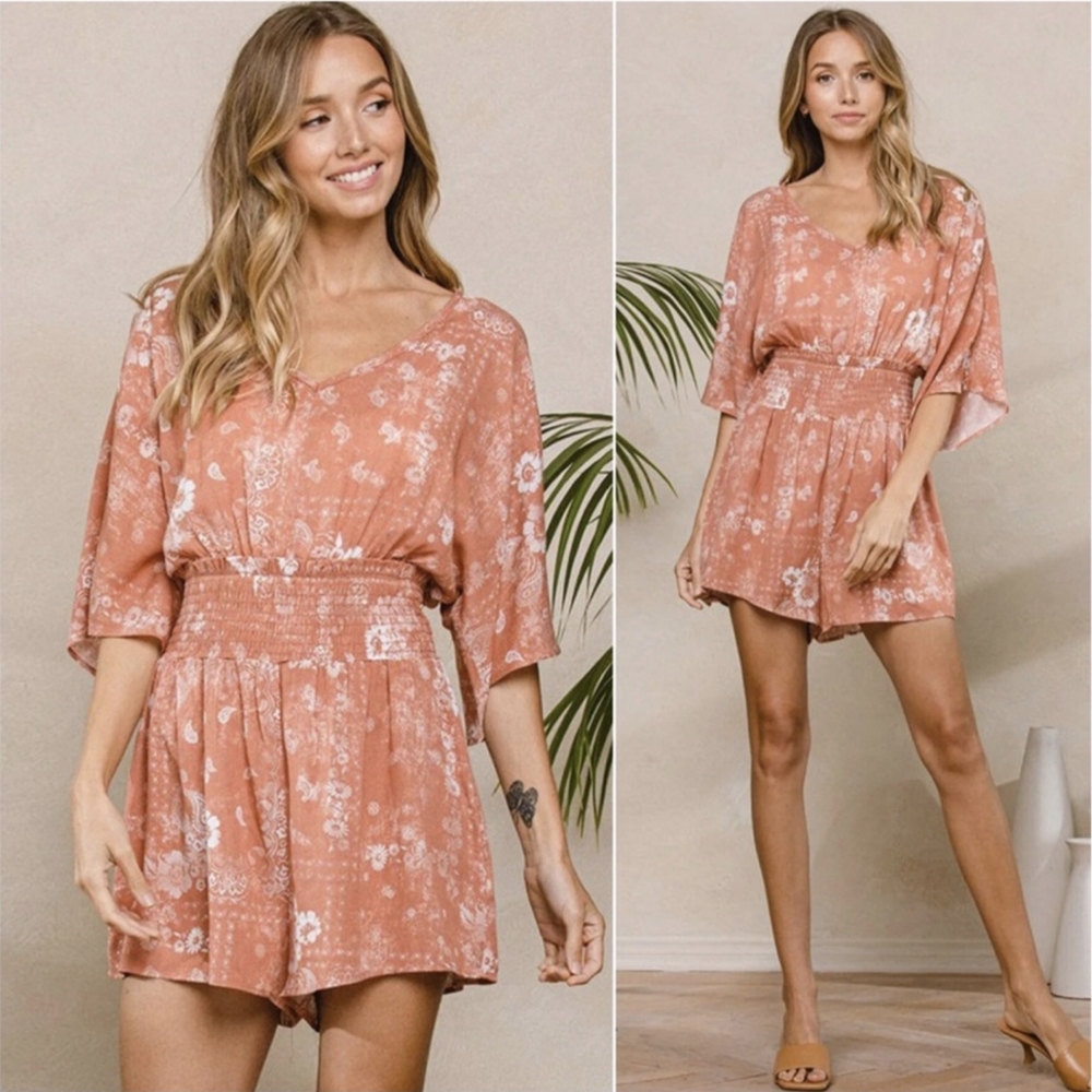 Last 1! Sweet Summer Coral One Piece Romper w/ Gorgeous Floral Paisley Print - Picture 5 of 5